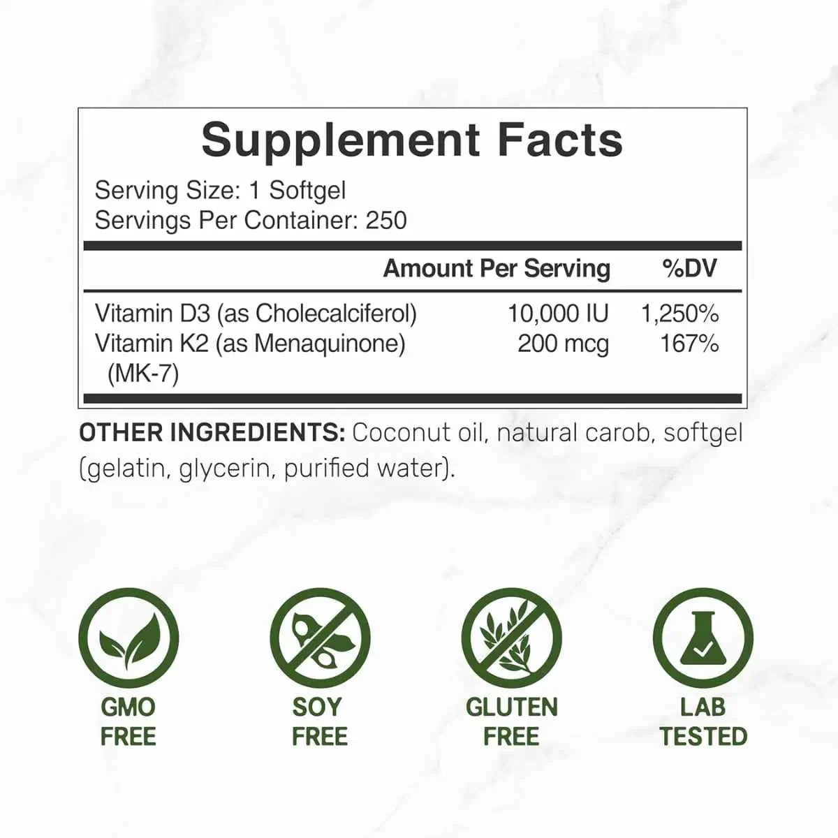 Tabla nutricional de Vitamina D3 con K2 - 10000 IU - 250 Cápsulas