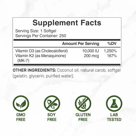 Tabla nutricional de Vitamina D3 con K2 - 10000 IU - 250 Cápsulas