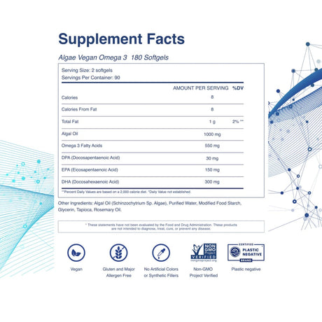 Tabla nutricional del suplemento Tahiro Omega 3 Vegano 180 cápsulas