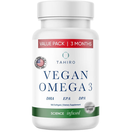 Frasco de suplemento Tahiro Omega 3 Vegano 180 cápsulas