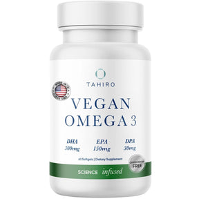 Frasco de suplemento Tahiro Omega 3 Vegano 60 cápsulas