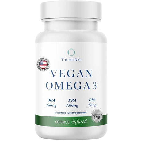 Frasco de suplemento Tahiro Omega 3 Vegano 60 cápsulas
