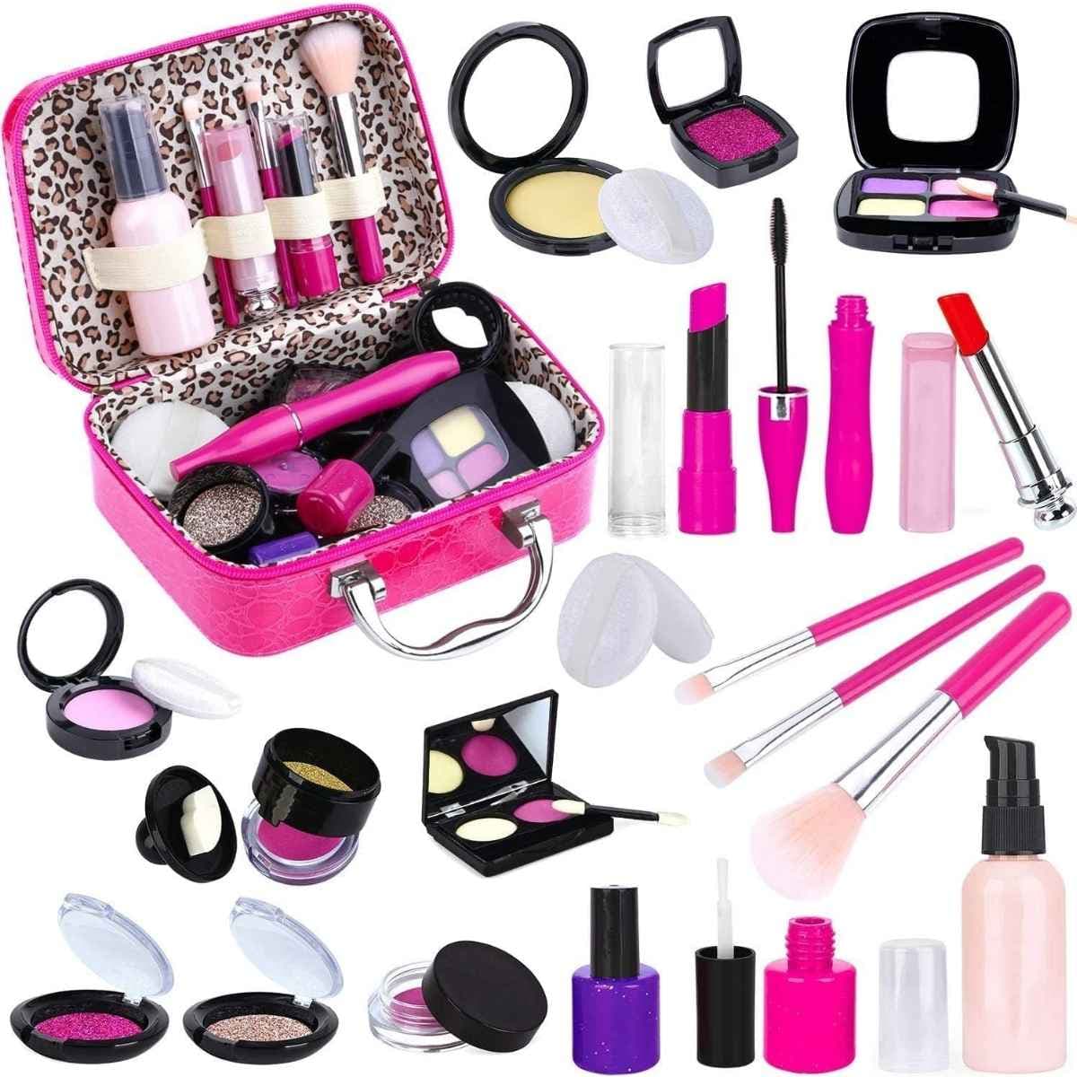 Kit TEPSMIGO de maquillaje de simulación con estuche rosa y piezas de juego.