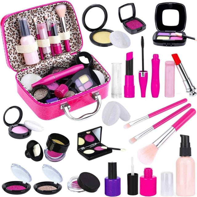 Kit TEPSMIGO de maquillaje de simulación con estuche rosa y piezas de juego.