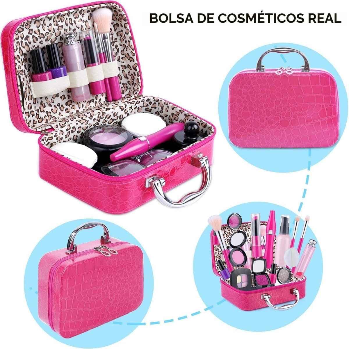 Estuche rosa TEPSMIGO con accesorios de maquillaje de simulación.