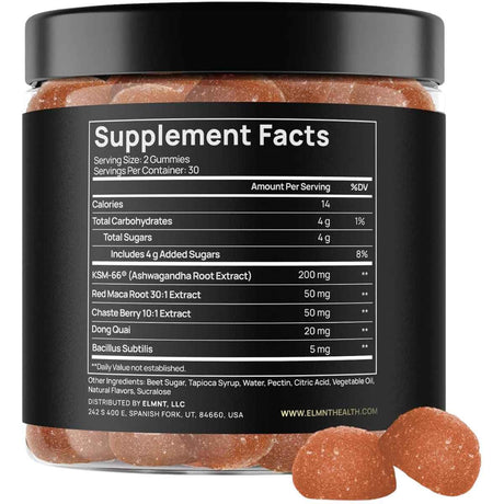 Tabla nutricional del suplemento TERRA ELMNT Ashwagandha KSM-66 & Maca Sabor Melocotón 60 Gomitas