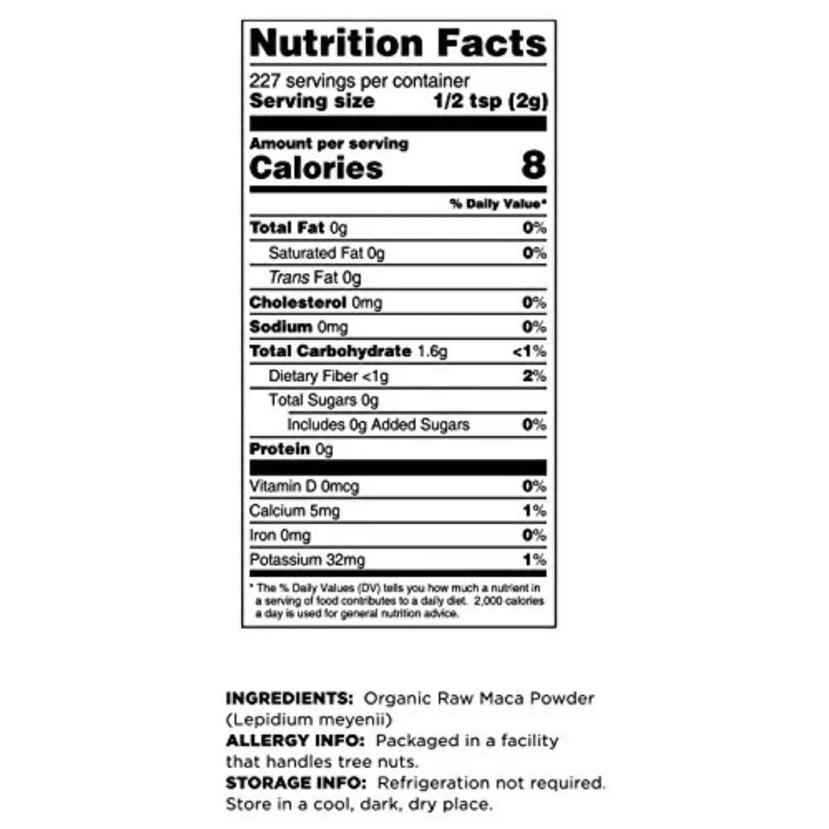 Tabla nutricional del suplemento Terrasoul Superfoods Maca en Polvo 454 g