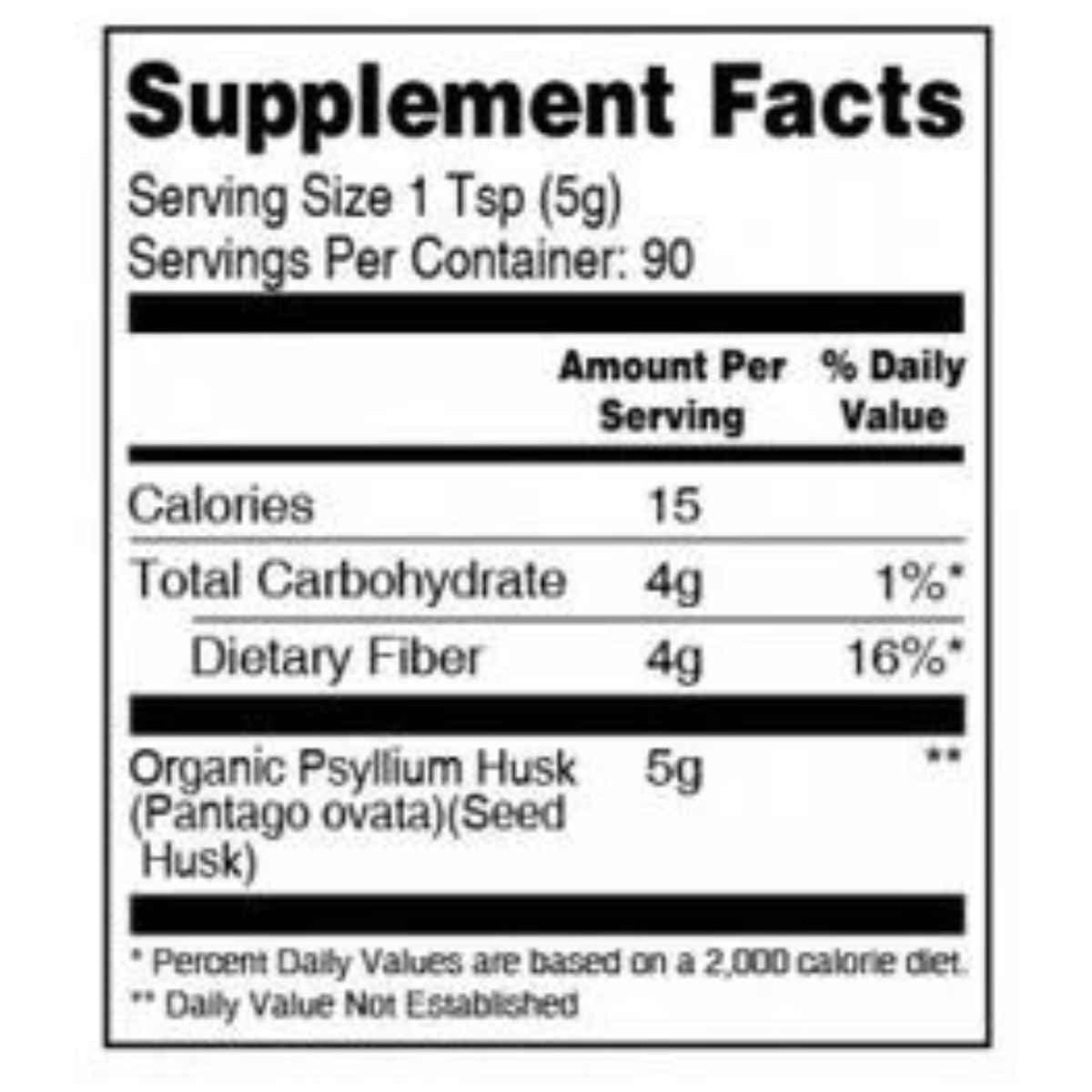 Tabla nutricional del suplemento Terrasoul Superfoods Psyllium Husk Powder en bolsa de 1 lb.