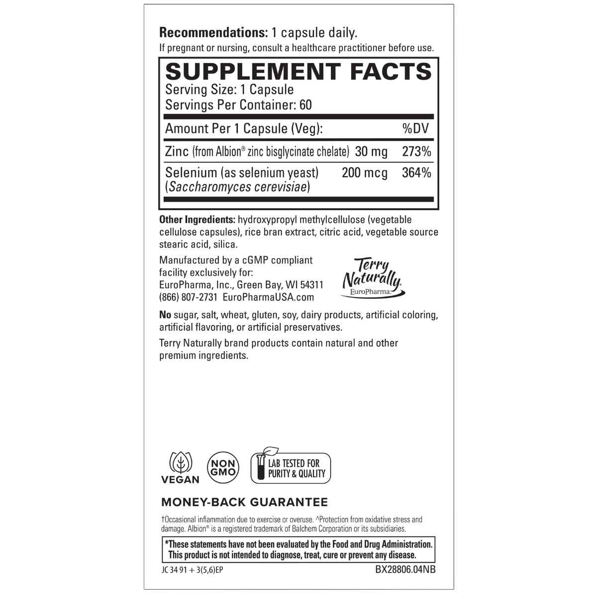 Tabla nutricional del suplemento Terry Naturally Bisglicinato de Zinc 60 cápsulas