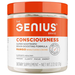 Frasco de suplemento The Genius Brand Genius Consciousness sabor Mango 77g