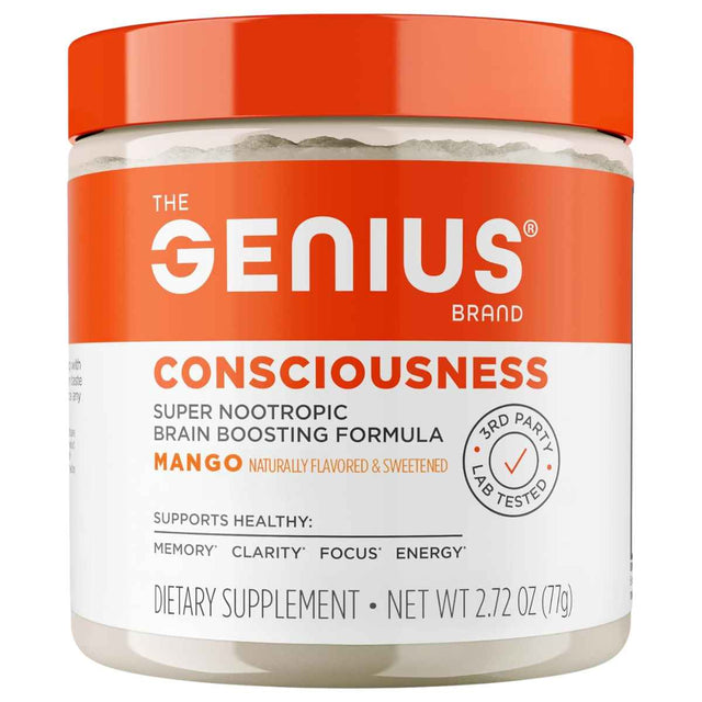 Frasco de suplemento The Genius Brand Genius Consciousness sabor Mango 77g