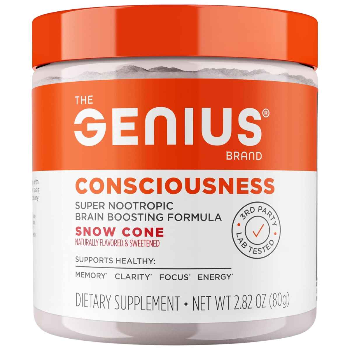 Frasco de suplemento The Genius Brand Genius Consciousness sabor Snow Cone 80g