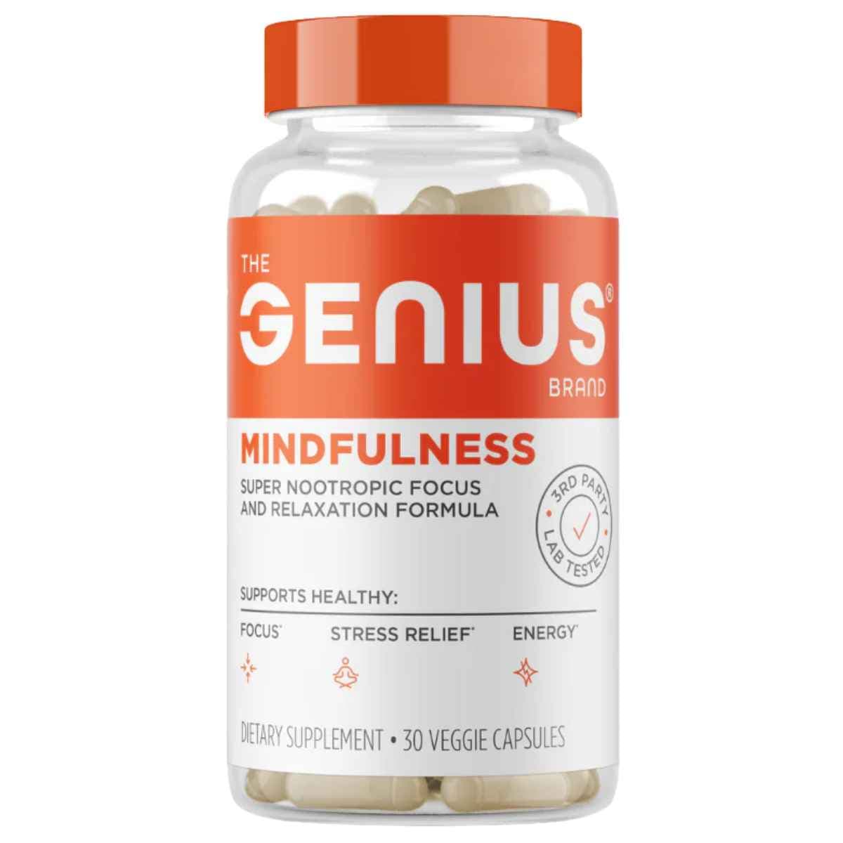 Frasco de suplemento The Genius Brand Genius Mindfulness 30 cápsulas