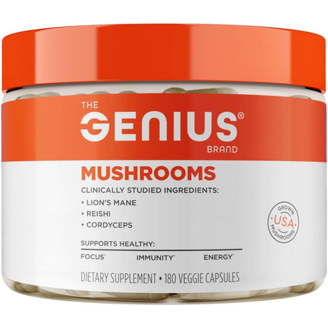Frasco de suplemento The Genius Brand Genius Mushrooms Complejo de Hongos 180 cápsulas