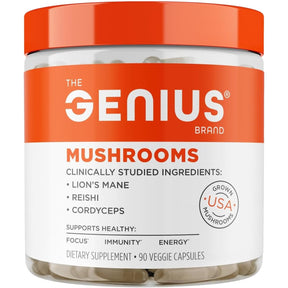 Frasco de suplemento The Genius Brand Genius Mushrooms Complejo de Hongos 90 cápsulas