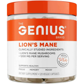 Frasco de suplemento The Genius Brand Hongo Melena de León 120 Cápsulas Vegetales