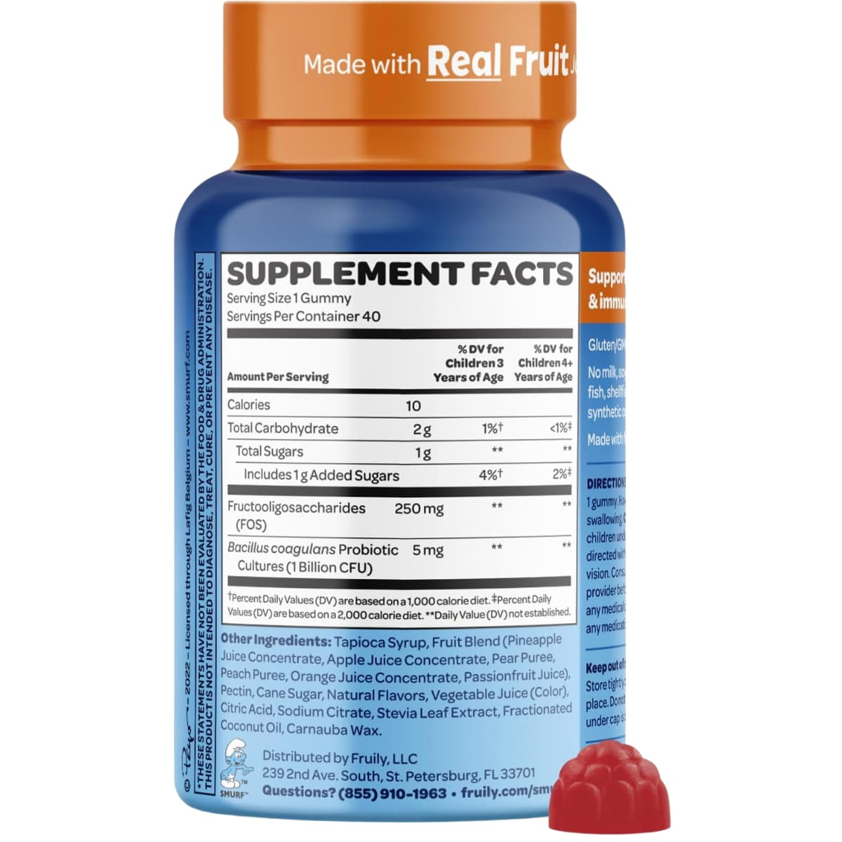 Tabla nutricional del suplemento The Smurfs Probiótico Digestivo Mezcla de Frutas 40 gomitas