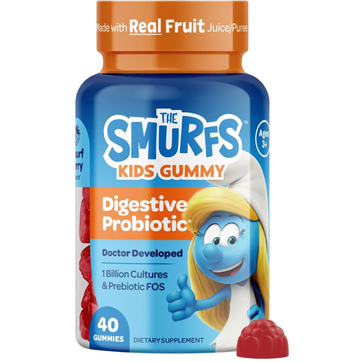Frasco de suplemento The Smurfs Probiótico Digestivo Mezcla de Frutas 40 gomitas