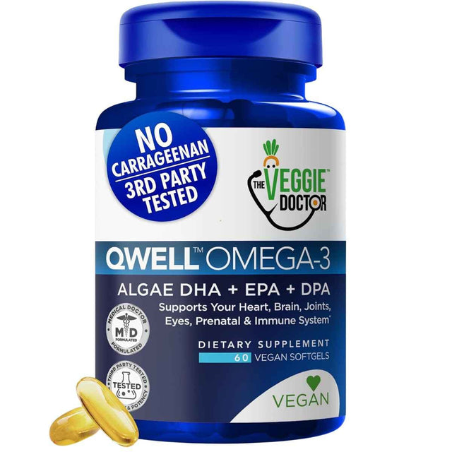 Frasco de The Veggie Doctor QWELL omega 3 vegano de algas con DHA, EPA y DPA, 60 cápsulas blandas