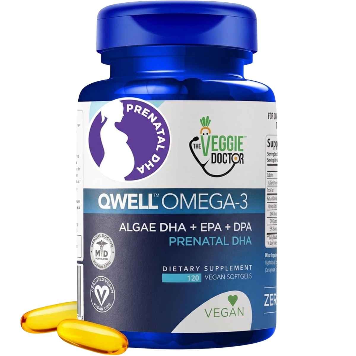 Frasco de The Veggie Doctor QWELL omega 3 prenatal de 120 cápsulas blandas veganas