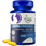 Frasco de The Veggie Doctor QWELL omega 3 prenatal de 120 cápsulas blandas veganas