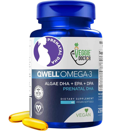 Frasco de The Veggie Doctor QWELL omega 3 prenatal de 60 cápsulas blandas veganas