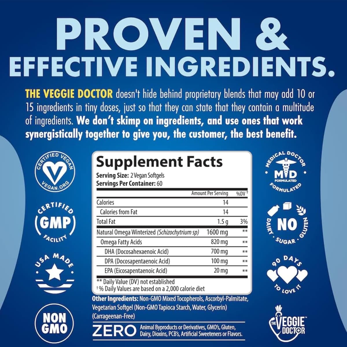 Tabla nutricional del suplemento The Veggie Doctor QWELL Omega-3 Vegano 120 cápsulas blandas