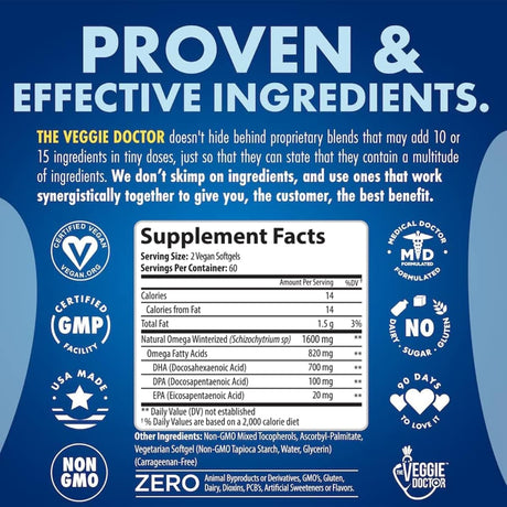 Tabla nutricional del suplemento The Veggie Doctor QWELL Omega-3 Vegano 120 cápsulas blandas