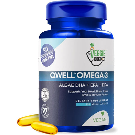 Frasco de suplemento The Veggie Doctor QWELL Omega-3 Vegano 120 cápsulas blandas