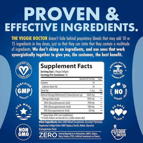 Tabla nutricional del suplemento The Veggie Doctor QWELL Omega-3 Vegano 180 cápsulas blandas
