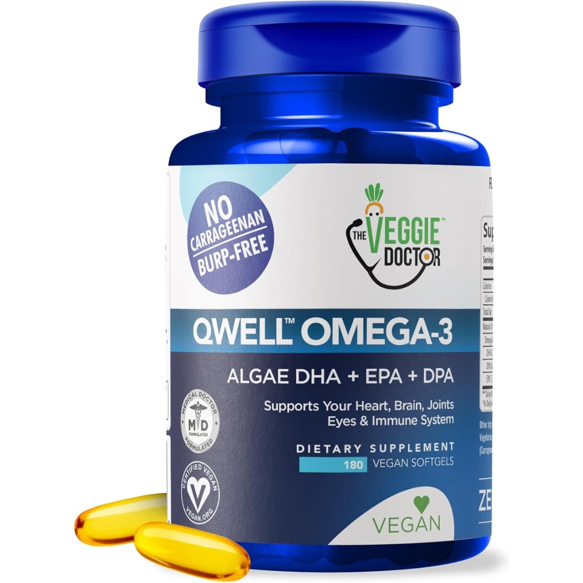 Frasco de suplemento The Veggie Doctor QWELL Omega-3 Vegano 180 cápsulas blandas