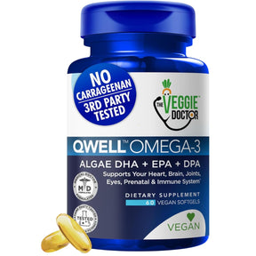 Frasco de suplemento The Veggie Doctor QWELL Omega-3 Vegano 60 cápsulas blandas