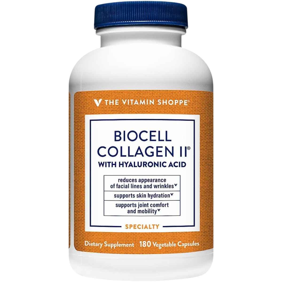 Frasco de suplemento The Vitamin Shoppe BioCell Collagen II 180 cápsulas vegetales