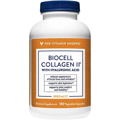 Frasco de suplemento The Vitamin Shoppe BioCell Collagen II 180 cápsulas vegetales