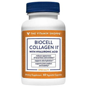 Frasco de suplemento The Vitamin Shoppe BioCell Collagen II 60 cápsulas vegetales