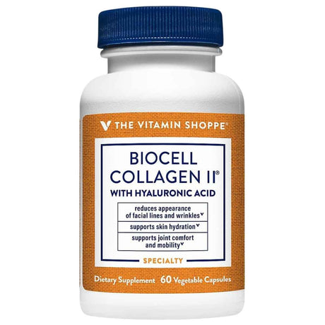 Frasco de suplemento The Vitamin Shoppe BioCell Collagen II 60 cápsulas vegetales