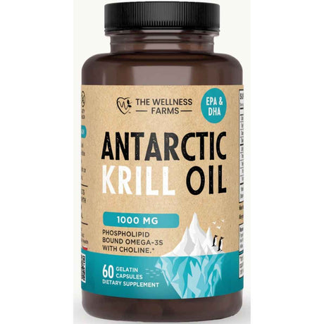 Frasco frontal de The Wellness Farms aceite de krill antártico, presentación de 60 cápsulas blandas.