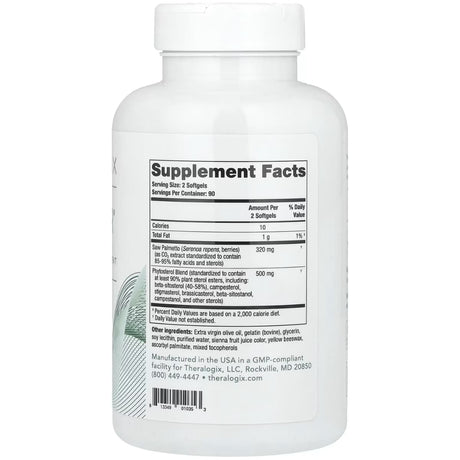 Tabla nutricional del suplemento Theralogix Soporte Masculino SR Saw Palmetto y Fitoesteroles 180 cápsulas blandas