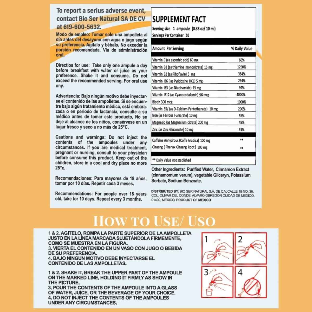 Tabla nutricional del suplemento Thiamin Complejo B 1000 Shot 10 Ampollas