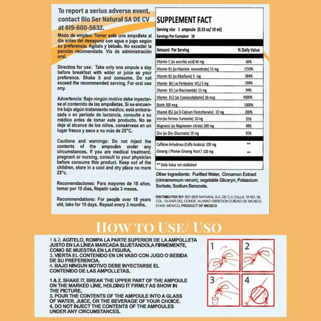 Tabla nutricional del suplemento Thiamin Complejo B 1000 Shot 10 Ampollas