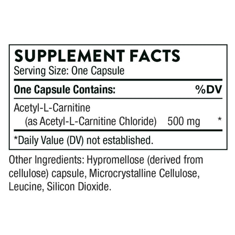 Tabla nutricional del suplemento Thorne Acetyl-L-Carnitine 60 cápsulas