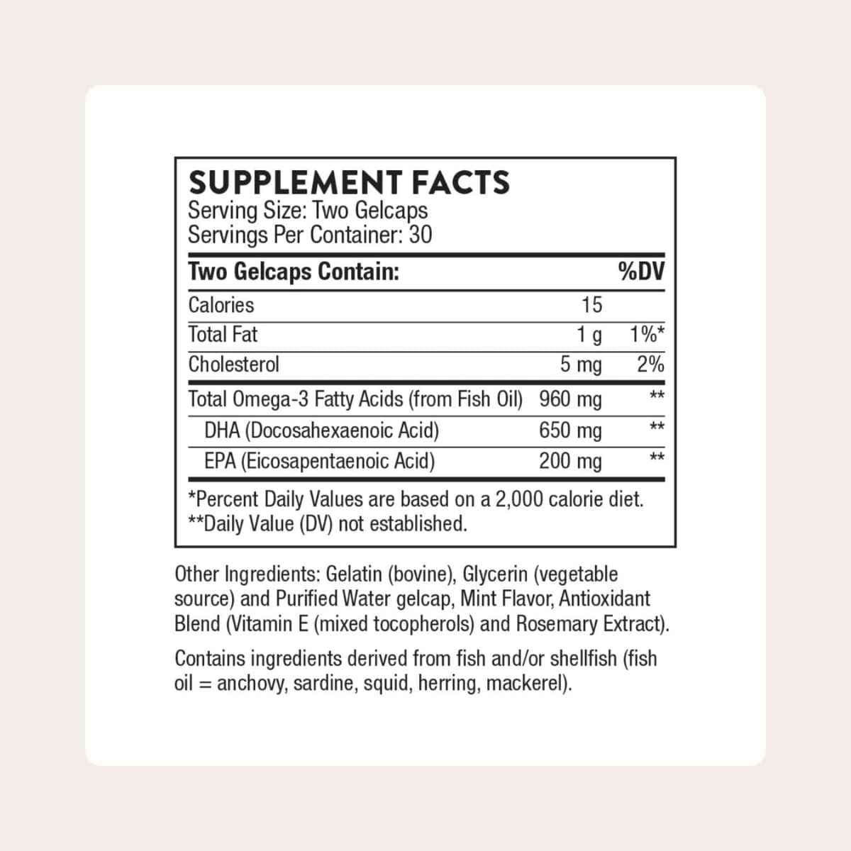 Información del suplemento THORNE Advanced DHA 650 mg DHA 200 mg EPA