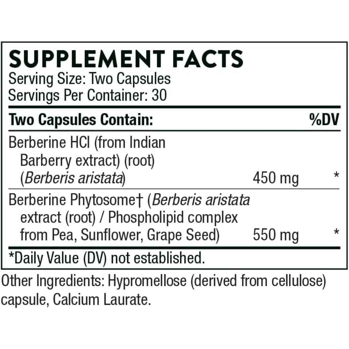 Tabla nutricional del suplemento Thorne Berberina HCl y Fitosoma 1000 mg 60 Cápsulas