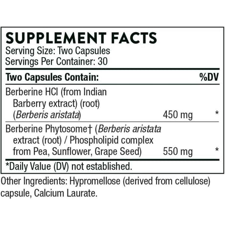 Tabla nutricional del suplemento Thorne Berberina HCl y Fitosoma 1000 mg 60 Cápsulas