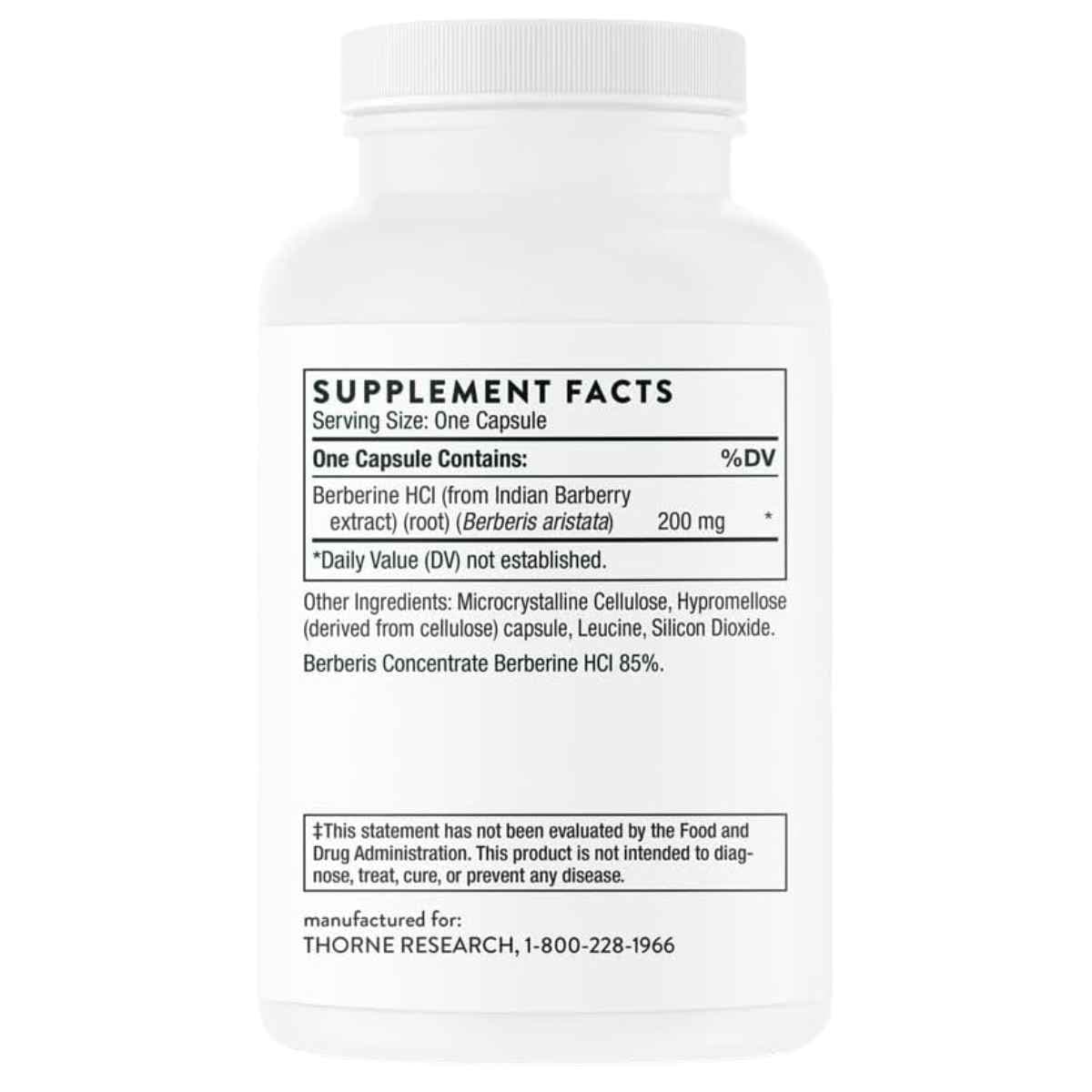 Tabla nutricional del suplemento Thorne Berberina HCl 200 mg 60 Cápsulas