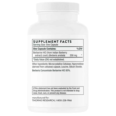 Tabla nutricional del suplemento Thorne Berberina HCl 200 mg 60 Cápsulas