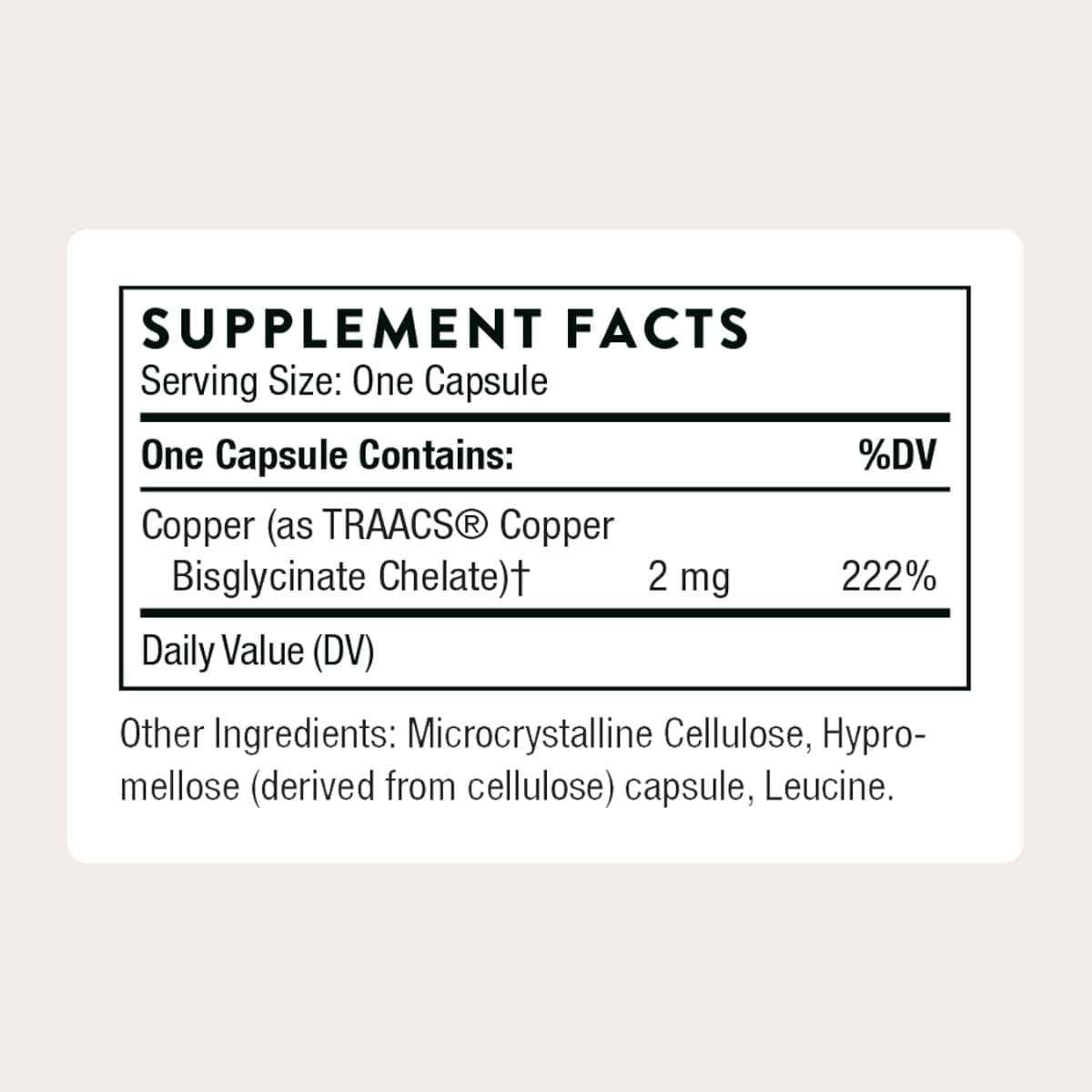 Tabla nutricional del suplemento Thorne Bisglicinato de Cobre 60 cápsulas