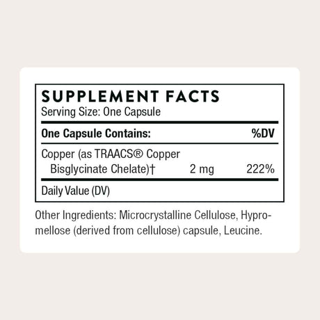Tabla nutricional del suplemento Thorne Bisglicinato de Cobre 60 cápsulas