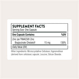 Tabla nutricional del suplemento THORNE Bisglicinato de Zinc 15 mg 60 cápsulas