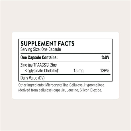 Tabla nutricional del suplemento THORNE Bisglicinato de Zinc 15 mg 60 cápsulas